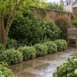 Buis commun 'Elegantissima' (Buxus sempervirens) — bordure de petits arbustes panachés le long d’une allée · Photo d'illustration