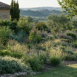 Briza 'Limouzi' (Briza media) — massif de vivaces fleuries dans un jardin champêtre