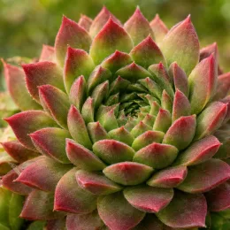 Joubarbe autumn apple 'Chick charms autumn apple' (Sempervivum) — rosette compacte de feuilles charnues vertes et rouges · Photo d'illustration