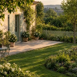 Gardenia rustique à fleurs doubles 'Grandiflora' (Gardenia jasminoides) — terrasse ensoleillée avec massifs fleuris et pots · Photo d'illustration