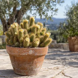 Mammillaire doré (Mammillaria elongata) — cactus touffu fleuri en pot en terre cuite · Photo d'illustration