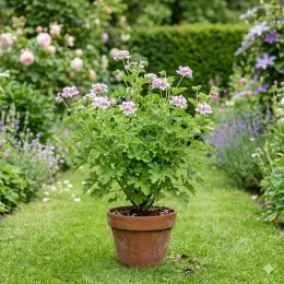 Géranium au parfum de citron 'Citronella' (Pelargonium graveolens) — plante fleurie en pot sur allée de jardin