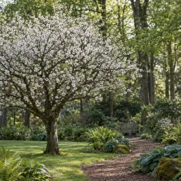 Prunier brompton 'Brompton' (Prunus domestica) — arbre en fleurs près d'un sentier de jardin · Photo d'illustration