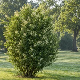 Troène de chine (Ligustrum sinensis) — grand arbuste touffu isolé sur pelouse · Photo d'illustration