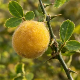 Oranger trifolié (Poncirus) — gros plan de fruit jaune duveteux et feuilles · Photo d'illustration