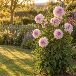 Vivace estivale 'Shiloh noelle' (Dahlia) — touffe de grandes fleurs doubles roses au jardin · Photo d'illustration