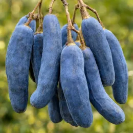 Arbre aux haricots bleus (Decaisnea fargesii) — grappe de fruits allongés bleus en gros plan · Photo d'illustration