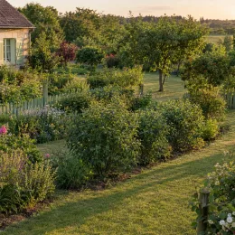 Baie de mai 'Wojtek' (Lonicera kamtschatica) — massifs d'arbustes alignés dans grand jardin campagnard · Photo d'illustration