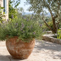 Menthe des cerfs (Mentha cervina) — touffe dense en pot terre cuite sur terrasse · Photo d'illustration
