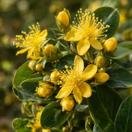 Millepertuis arbustif 'Kolmaref' (Hypericum inodorum) — fleurs jaunes étoilées et boutons sur feuillage vert · Photo d'illustration