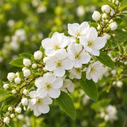Exochordes 'The bride' (Exochorda macrantha) — grappe de petites fleurs blanches et boutons · Photo d'illustration
