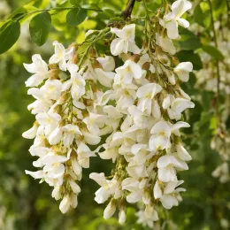 Robinier faux-acacia (Robinia pseudoacacia) — grappes de fleurs blanches pendantes en gros plan · Photo d'illustration
