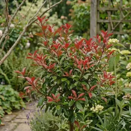 Photinia 'Amigo' (Photinia × fraseri) — arbuste au feuillage vert et jeunes pousses rouges