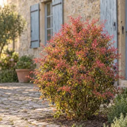 Épine-vinette 'Admiration' (Berberis thunbergii) — arbuste arrondi coloré devant maison en pierre · Photo d'illustration