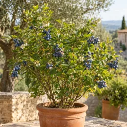 Myrtillier 'Goldtraube 71' (Vaccinium corymbosum) — arbuste fruitier en pot avec nombreuses baies bleues