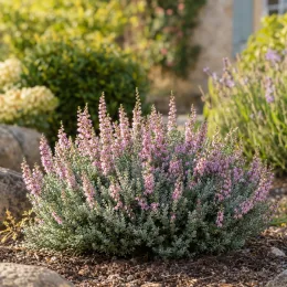 Bruyère commune 'Silver knight rose' (Calluna vulgaris) — touffe compacte de petites fleurs roses au jardin