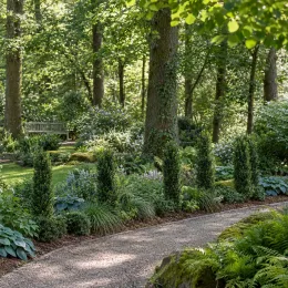 Houx crénelé 'O 'farrowsk6' (Ilex) — massif de jardin avec arbustes verticaux le long d’une allée · Photo d'illustration
