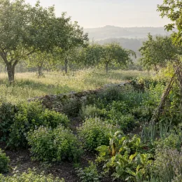 Menthe yakima 'Yakima' (Mentha × piperita) — massif de plantes aromatiques devant un verger · Photo d'illustration