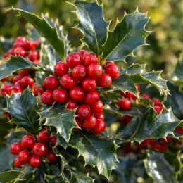 Houx arbustif femelle 'Blue angel' (Ilex × meserveae) — branches aux feuilles piquantes vert luisant et fruits rouges · Photo d'illustration