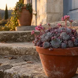 Joubarbe à rosette bleu 'Berry blues' (Sempervivum) — succulente en pot de terre sur marches en pierre · Photo d'illustration
