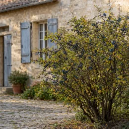 Prunellier (Prunus spinosa) — arbuste couvert de petites baies sombres près d une maison · Photo d'illustration