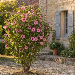 Hibiscus 'Woodbridge' (Hibiscus syriacus) — arbuste fleuri rose devant maison en pierre