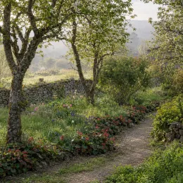 Bergénie à feuilles cordées 'Rotblum' (Bergenia cordifolia) — allée de jardin bordée de massifs fleuris colorés · Photo d'illustration