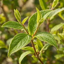 Deutzie 'Tourbillon rouge' (Deutzia magnifica) — gros plan de jeunes feuilles vertes dentées