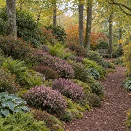 Bruyère 'Jw porter rose' (Erica darleyensis) — massif fleuri le long d’un chemin forestier · Photo d'illustration