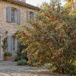 Chalef d'automne (Eleagnus umbellata) — grand arbuste couvert de petits fruits rouges, cour pavée · Photo d'illustration