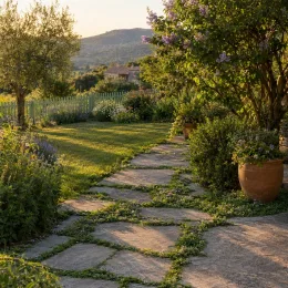 Menthe corse (Mentha requienii) — allée de jardin en pierre bordée de massifs fleuris · Photo d'illustration