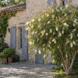 Rince-bouteilles (Callistemon) — grand arbuste fleuri devant maison en pierre