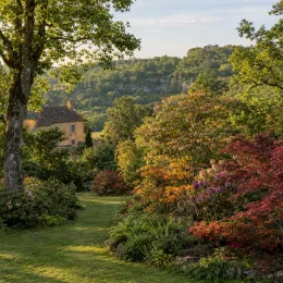 Enkianthus (Enkianthus campanulatus) — massif arbustif coloré dans grand jardin paysager
