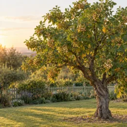 Pistachier vrai (Pistacia vera) — arbre fruitier chargé de grappes dans un jardin · Photo d'illustration