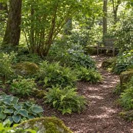 Aspidie à cils raides 'Plumosum densum' (Polystichum setiferum) — massifs de fougères bordant un sentier forestier ombragé · Photo d'illustration