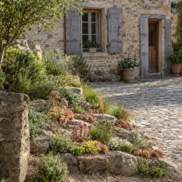 Joubarbe à rosette rose 'Pink pomelo' (Sempervivum) — massif de plantes succulentes en rocaille devant maison · Photo d'illustration