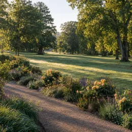 Rosier 'Saint exupery' (Rosa hybrida) — massifs fleuris le long d’un chemin de parc · Photo d'illustration