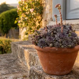 Succulente 'Chick charms grape galaxy' (Sempervivum) — succulente violette en pot sur marches en pierre · Photo d'illustration