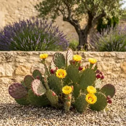 Figuier de barbarie 'Storytelling 1' (Opuntia phaecantha) — cactus à fleurs jaunes sur gravier devant muret