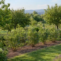 Myrtillier 'Goldtraube 71' (Vaccinium corymbosum) — rang de jeunes arbustes au verger, vue d’ensemble