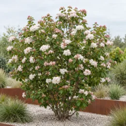 Viorne (Viburnum carcephalum) — arbuste fleuri isolé dans un massif minéral