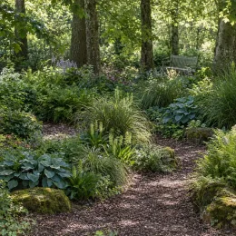 Plante ananas (Eucomis autumnalis) — massif de vivaces ombragées le long d'un sentier · Photo d'illustration