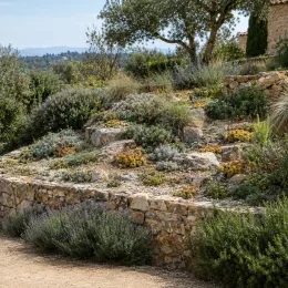 Joubarbe à rosette jaune orangé 'Gold nugget' (Sempervivum) — massif de rocaille méditerranéen avec petites succulentes colorées · Photo d'illustration