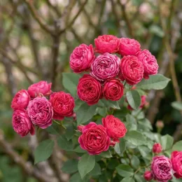 Rosier 'Pompeji' (Rosa) — grappes de fleurs roses doubles sur tiges feuillues