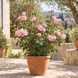 Rosier 'Ninon vallin' (Rosa hybrida) — rosier buissonnant à fleurs roses en pot