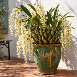 Orchidée (Dendrobium cobbianum) — grappes de fleurs blanches retombantes au-dessus de pseudobulbes · Photo d'illustration