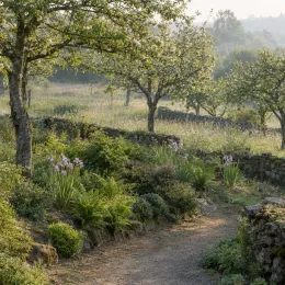 Iris de miles (Iris milesii) — massif naturel avec touffes fleuries le long du chemin · Photo d'illustration