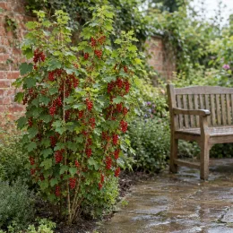 Groseillier à grappes 'London market' (Ribes rubrum) — arbuste fruitier couvert de grappes rouges près d’un banc · Photo d'illustration