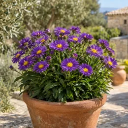 Aster 'Dunkle schone' (Aster alpinus) — touffe dense de fleurs violettes en pot