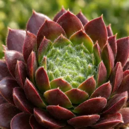 Joubarbe à rosette rouge foncé coeur duveteux 'Cosmic candy' (Sempervivum) — rosette charnue rouge entourant un coeur vert duveteux · Photo d'illustration